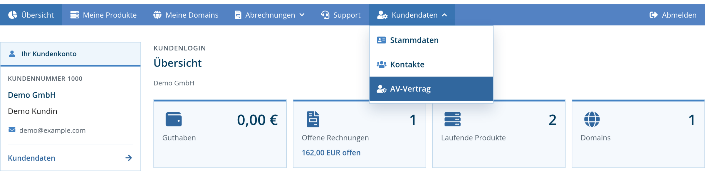 Kundenlogin: aufgeklapptes Menü Kundendaten mit dem Eintrag AV-Vertrag