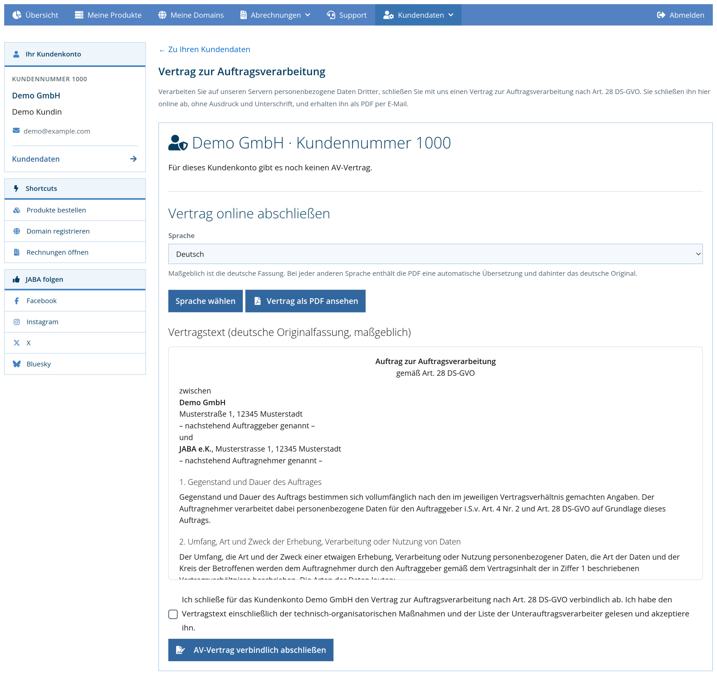 Kundenlogin: AV-Vertrag mit Sprachauswahl und Vertragstext
