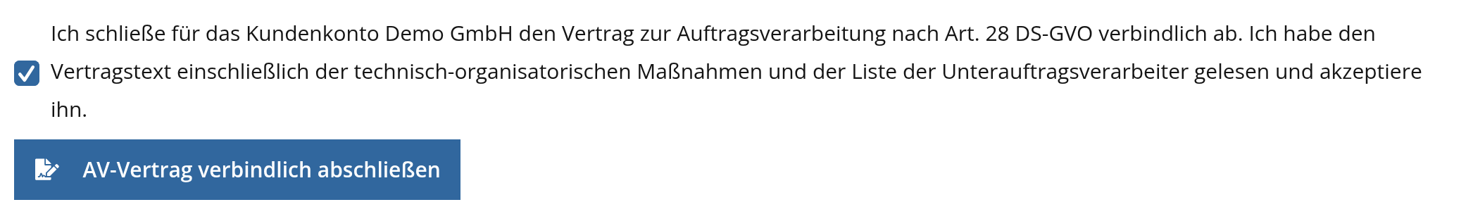 Kundenlogin: Bestätigungshäkchen und Knopf AV-Vertrag verbindlich abschließen