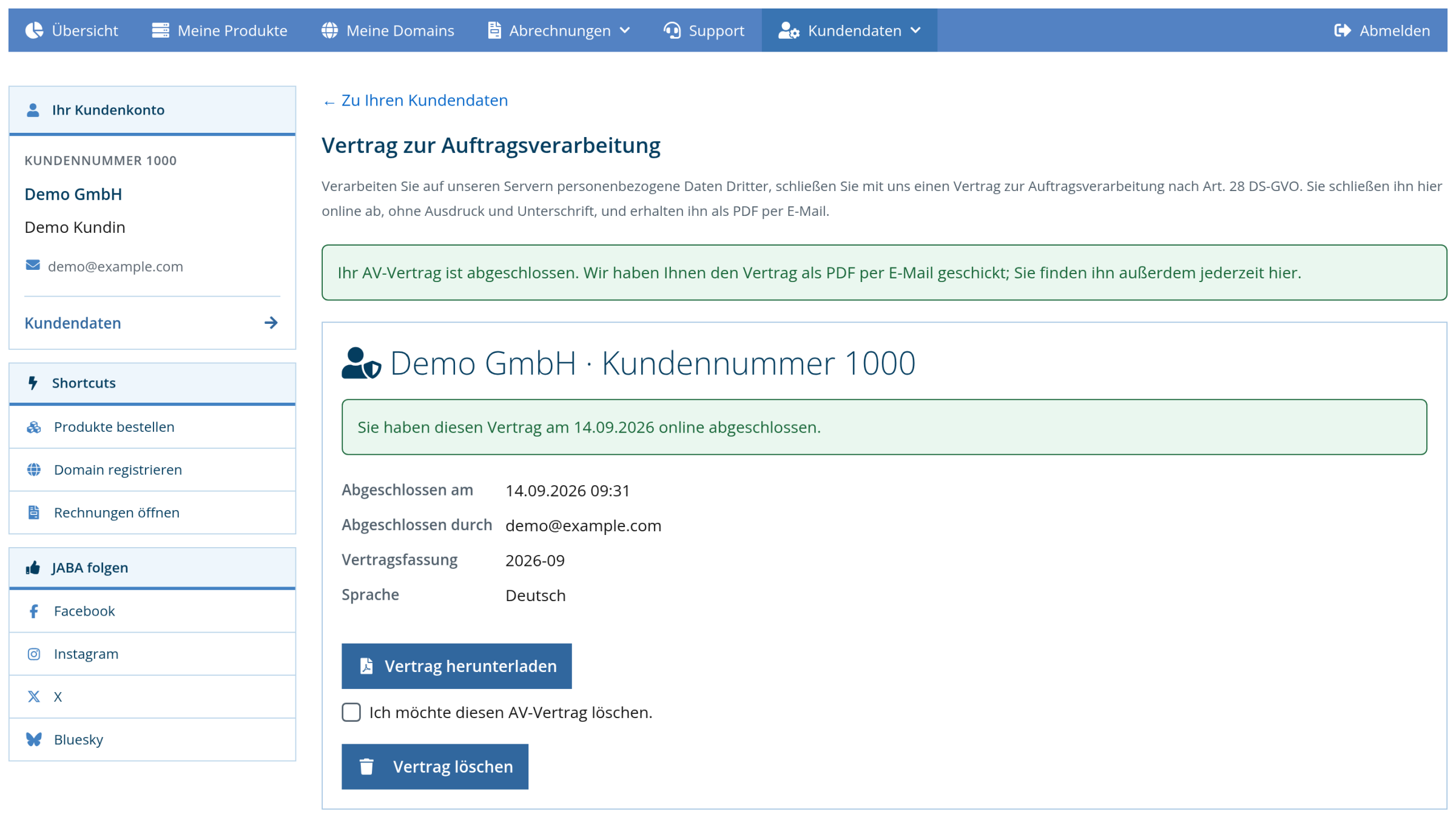 Kundenlogin: abgeschlossener AV-Vertrag mit Download