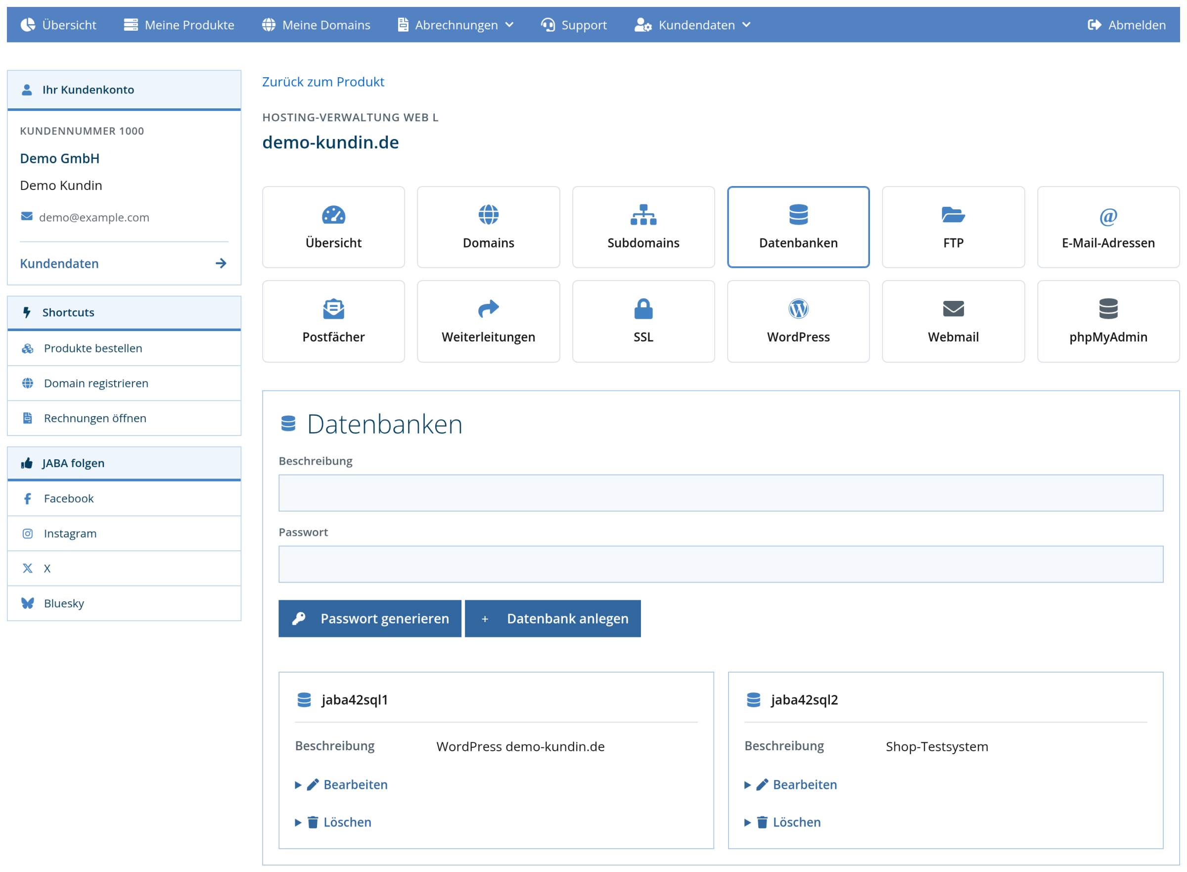 Kundenlogin: Liste der MySQL-Datenbanken
