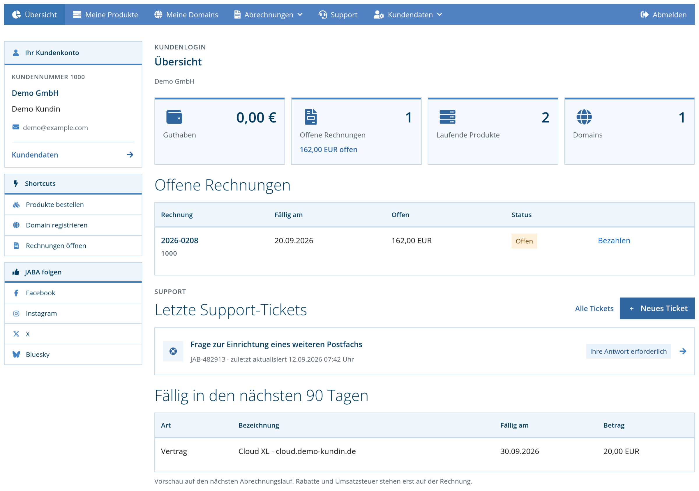 Kundenlogin: Startseite mit Übersicht über Rechnungen, Produkte und Tickets