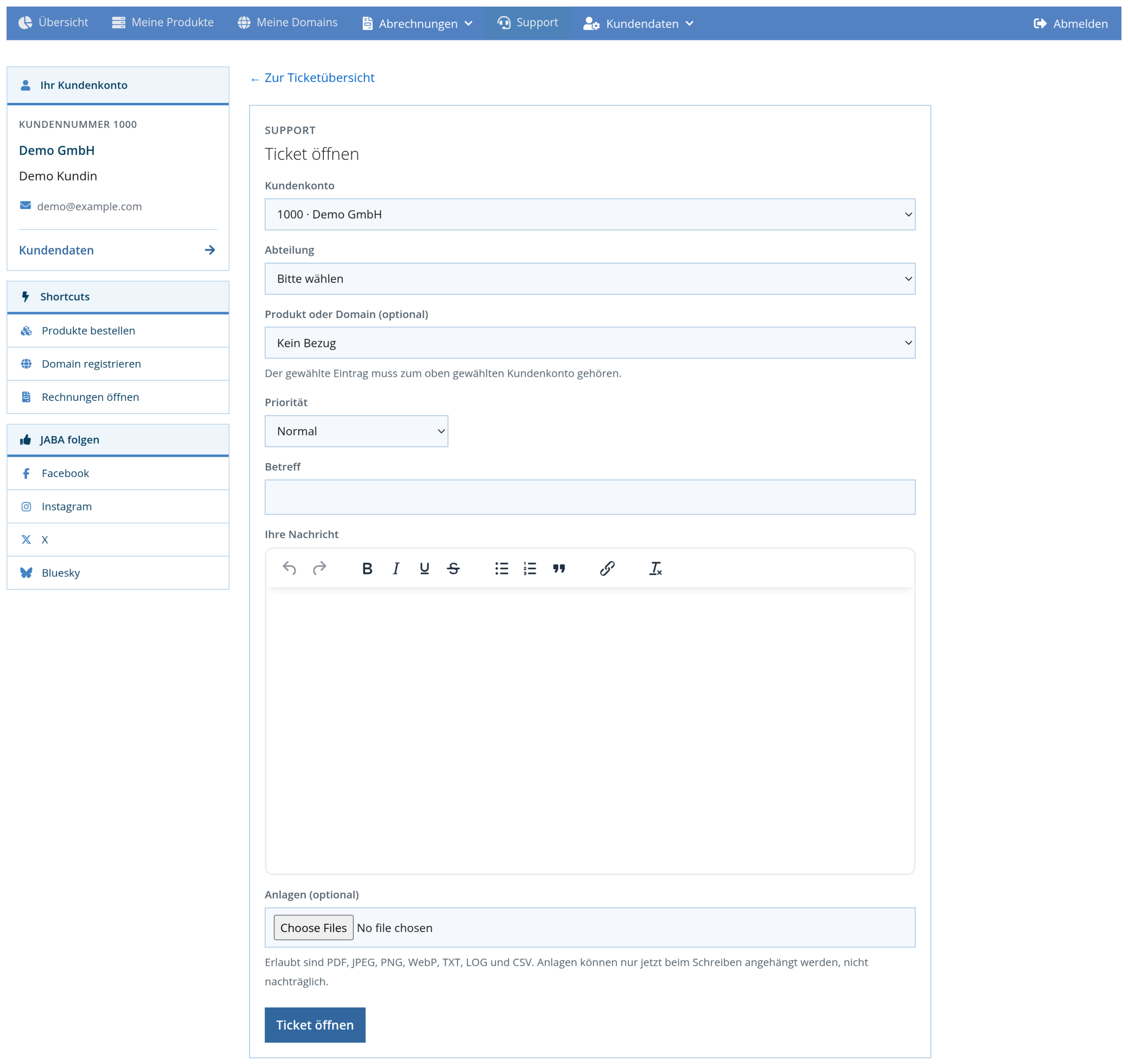 Kundenlogin: Formular für ein neues Support-Ticket