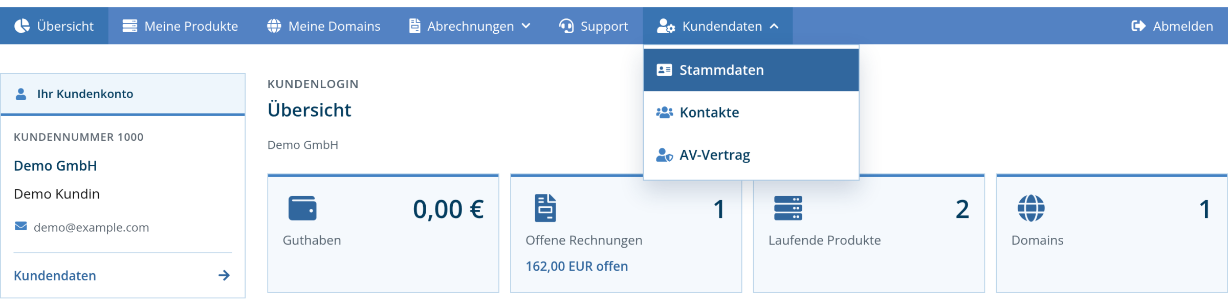 Kundenlogin: aufgeklapptes Menü Kundendaten mit dem Eintrag Stammdaten