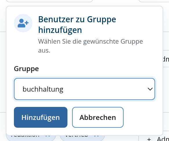 Kundenlogin: Auswahl der Gruppe, der das Konto hinzugefügt wird