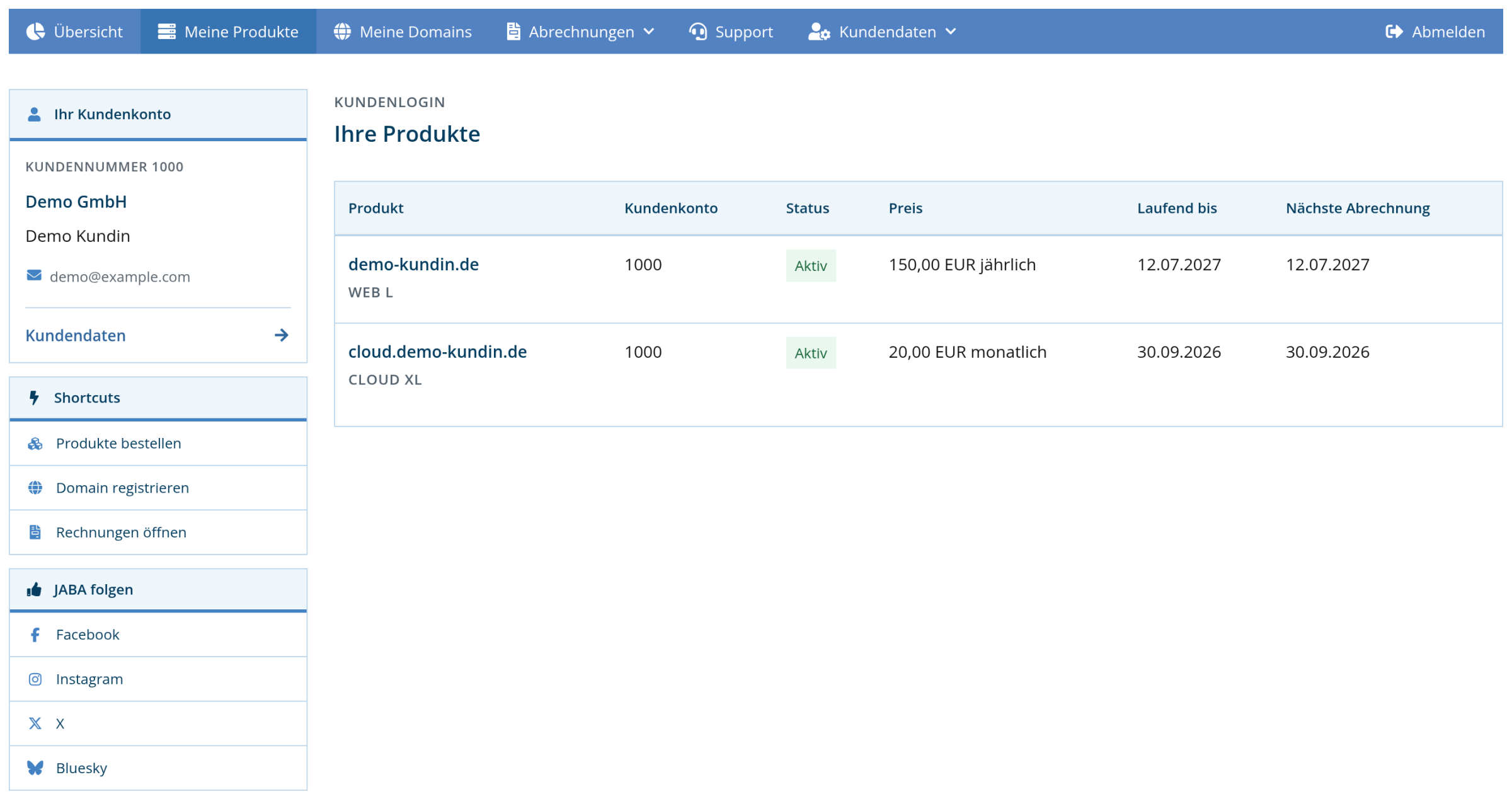 Kundenlogin: Liste der laufenden Produkte mit Cloud XL