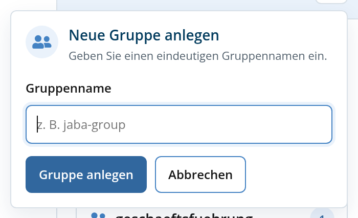 Kundenlogin: Eingabefeld für den Namen einer neuen Gruppe