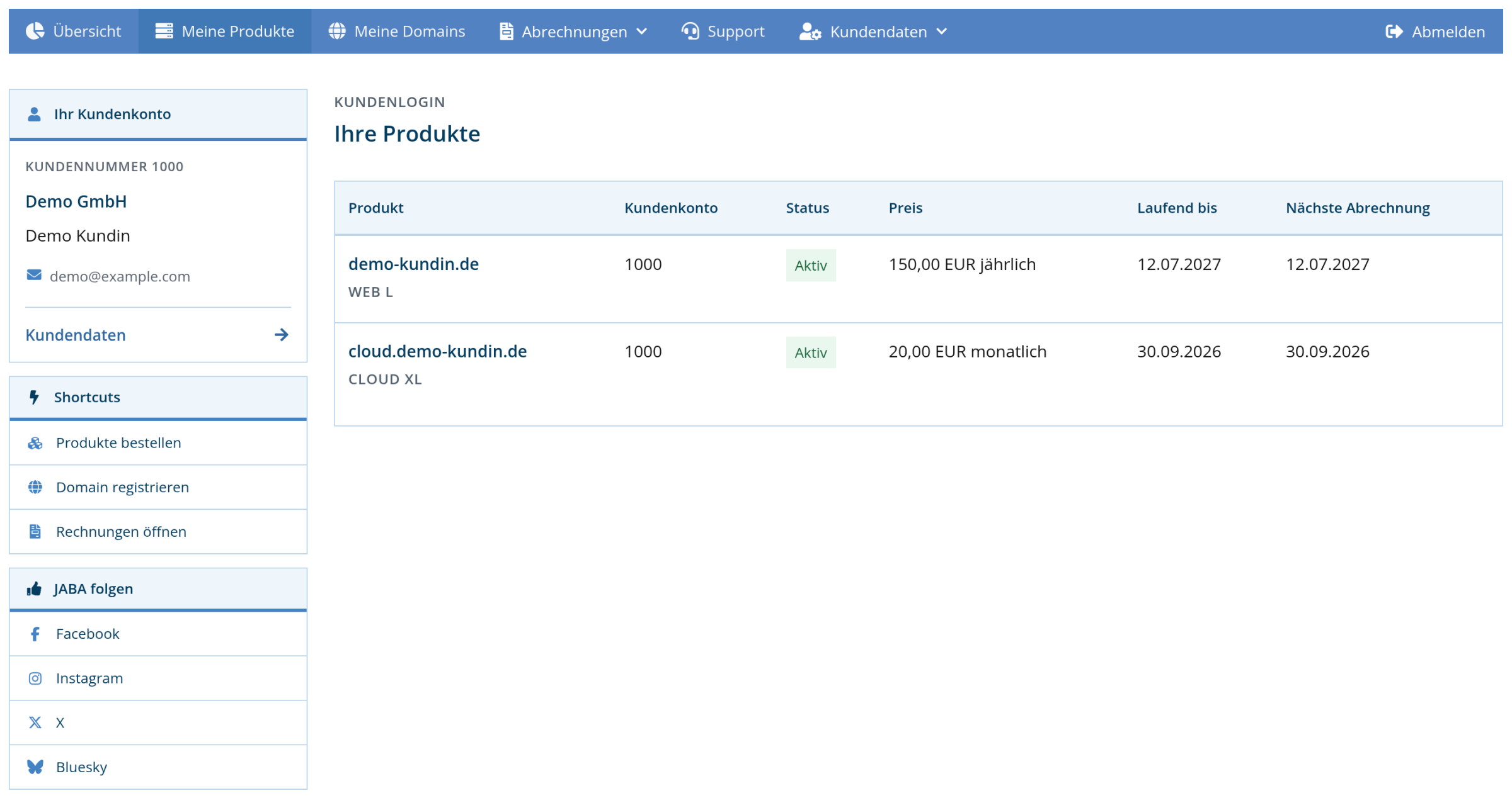 Kundenlogin: Liste der laufenden Produkte mit Cloud XL