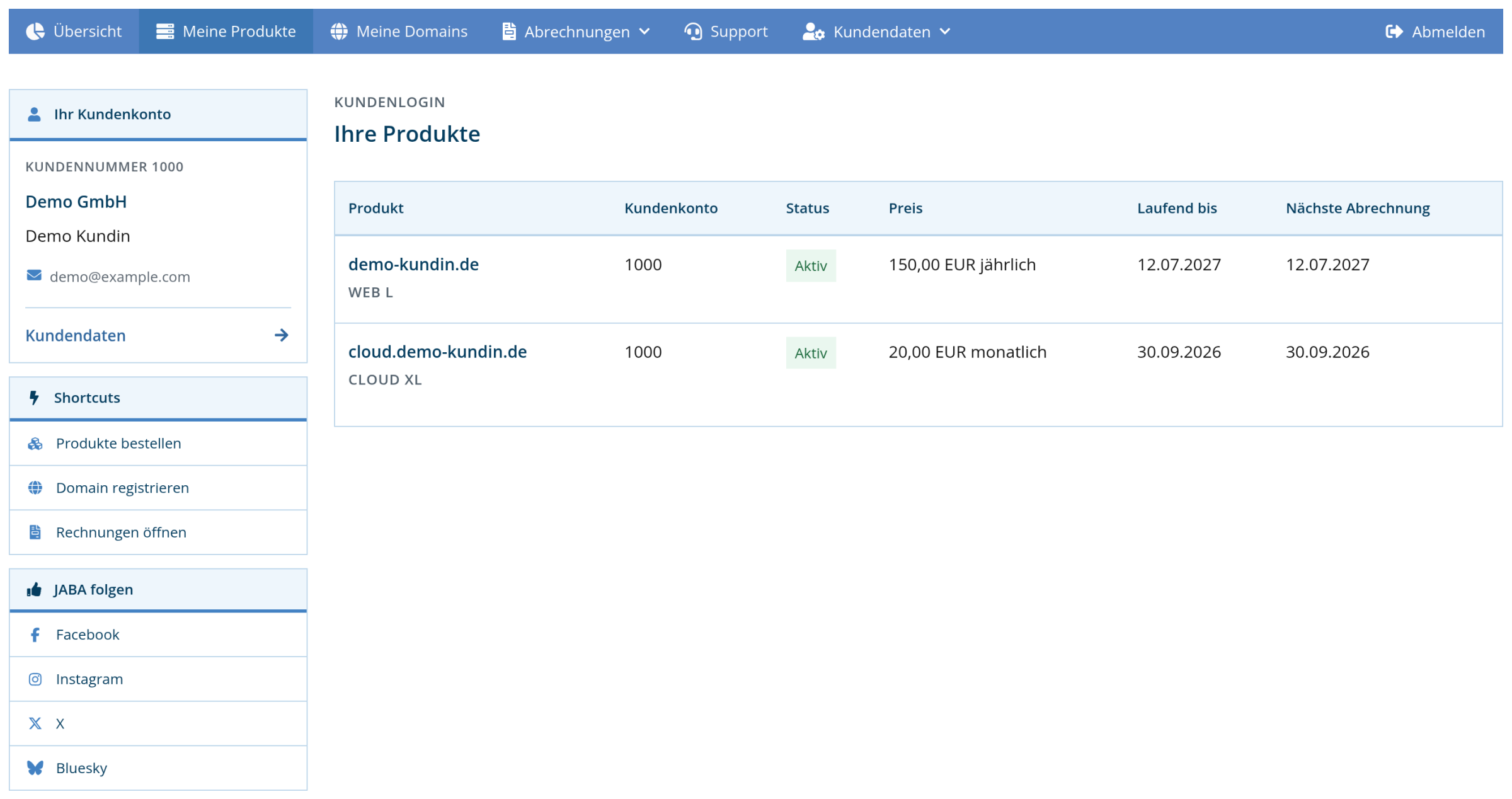 Kundenlogin: Liste der laufenden Produkte mit Cloud XL