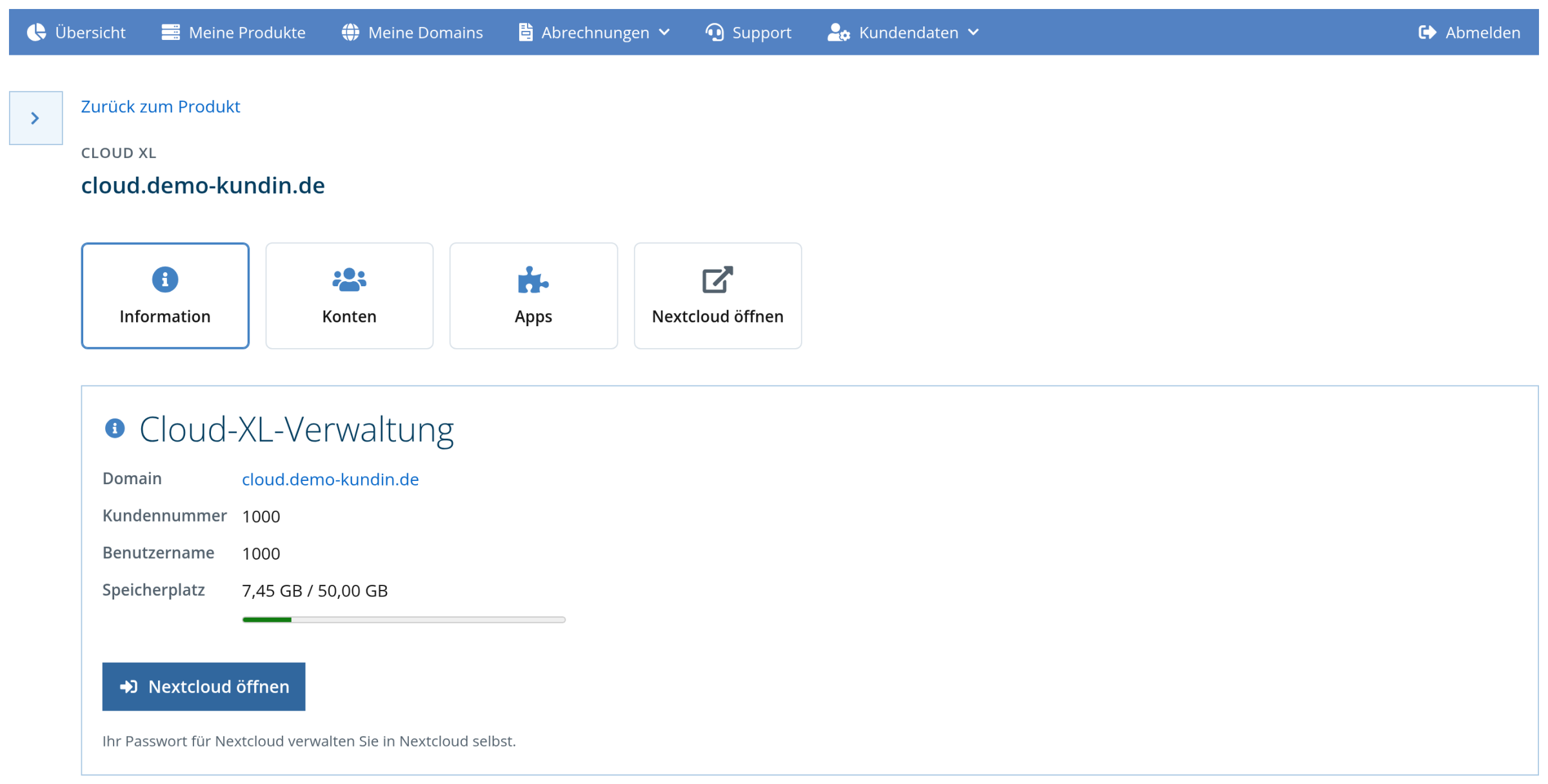 Kundenlogin: Cloud-XL-Information mit Speicherplatzanzeige