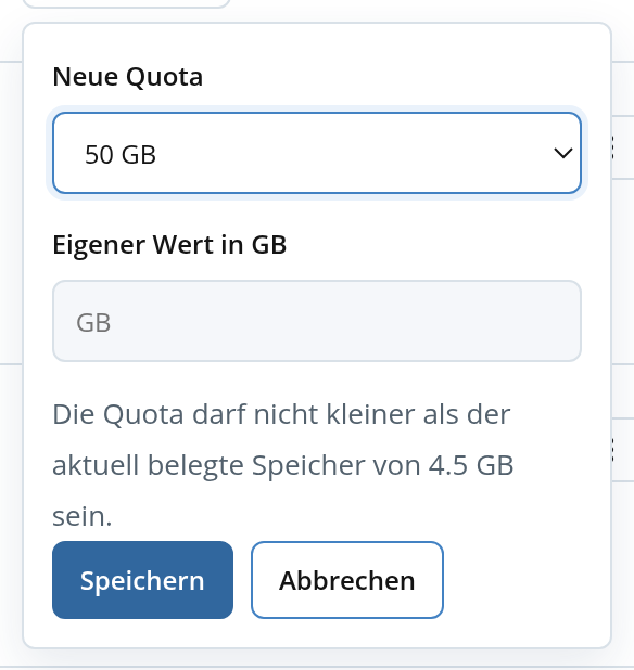 Kundenlogin: Auswahl einer neuen Quota für ein Nextcloud-Konto