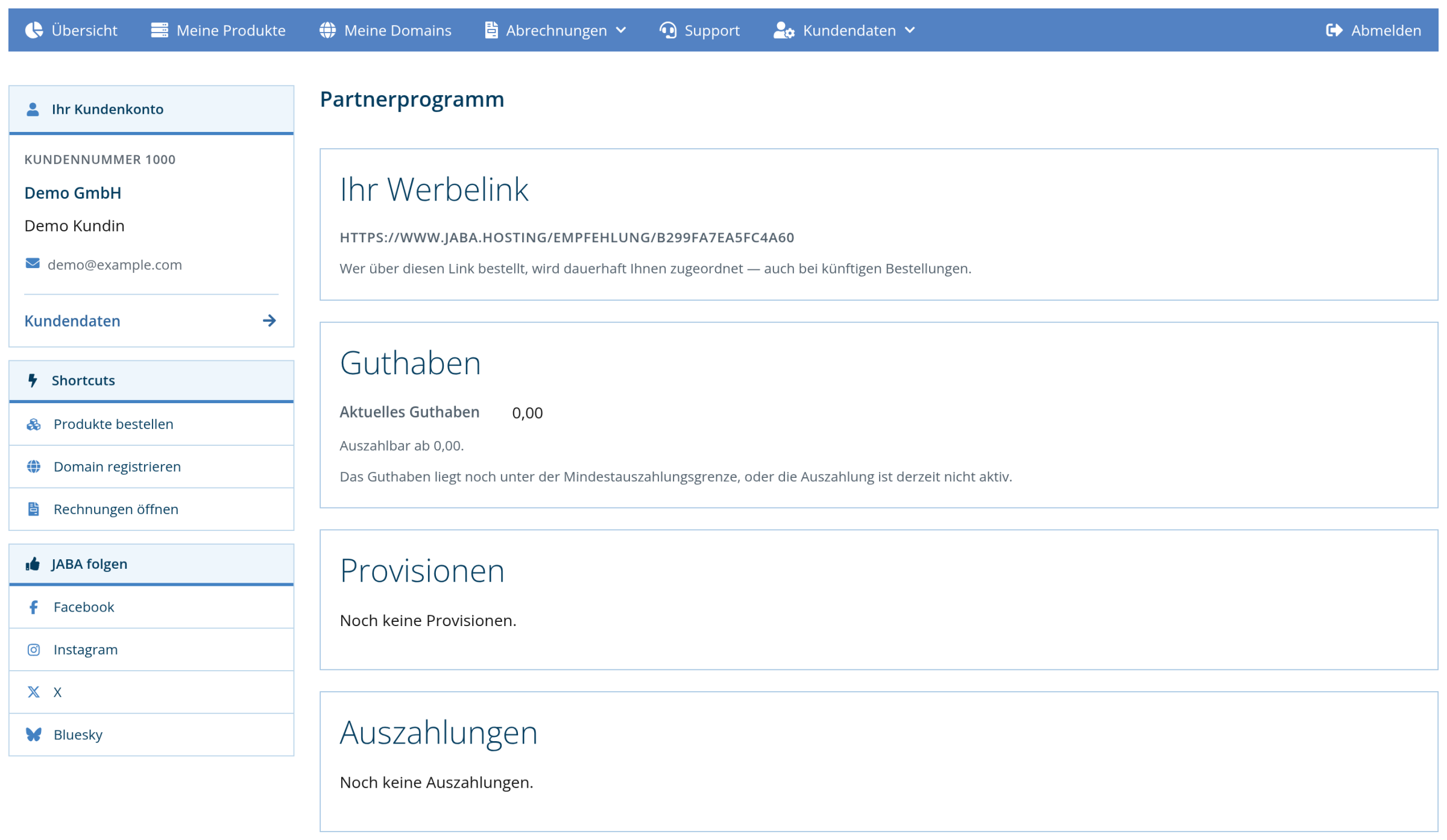 Kundenlogin: Partnerprogramm mit Werbelink, Guthaben und Provisionen