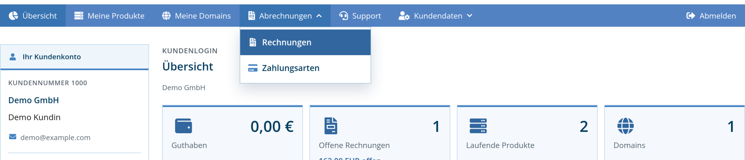 Kundenlogin: aufgeklapptes Menü Abrechnungen mit dem Eintrag Rechnungen