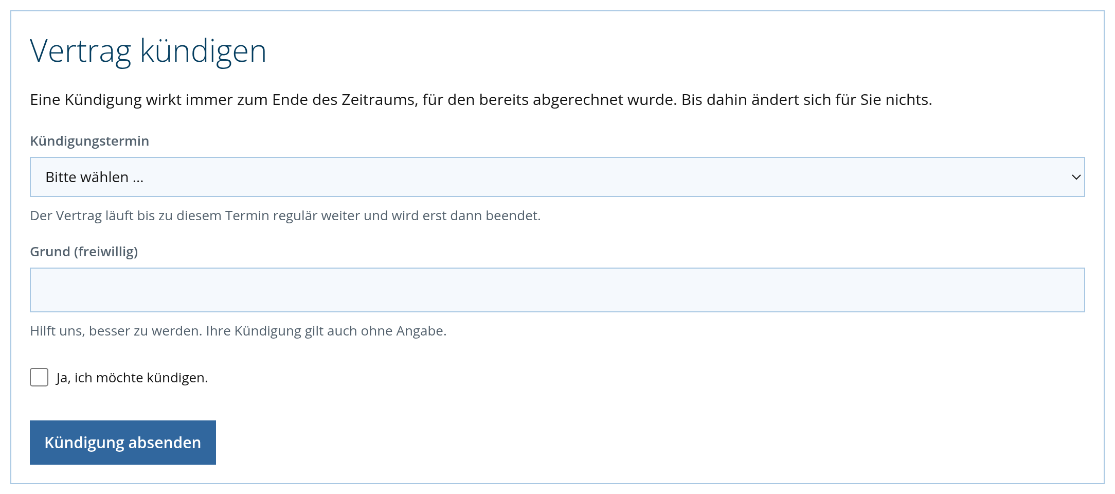 Kundenlogin: Kündigungsformular mit Terminauswahl und Bestätigungshäkchen