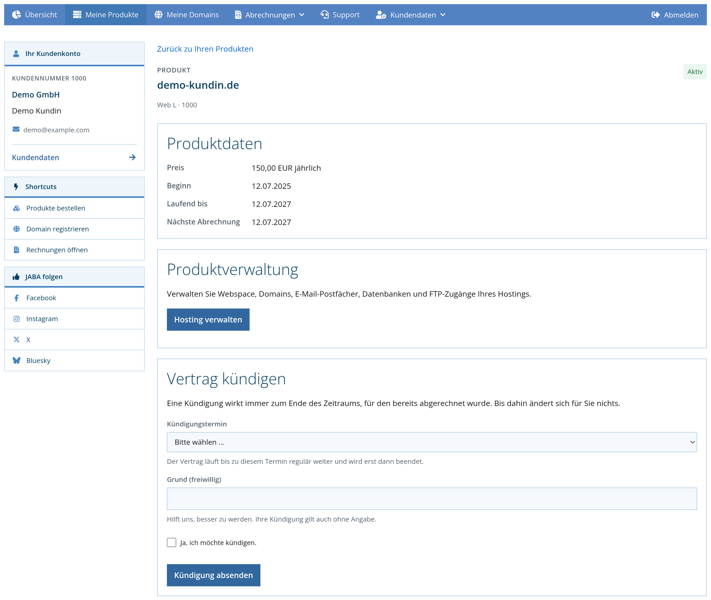 Kundenlogin: Produktseite eines Hosting-Pakets