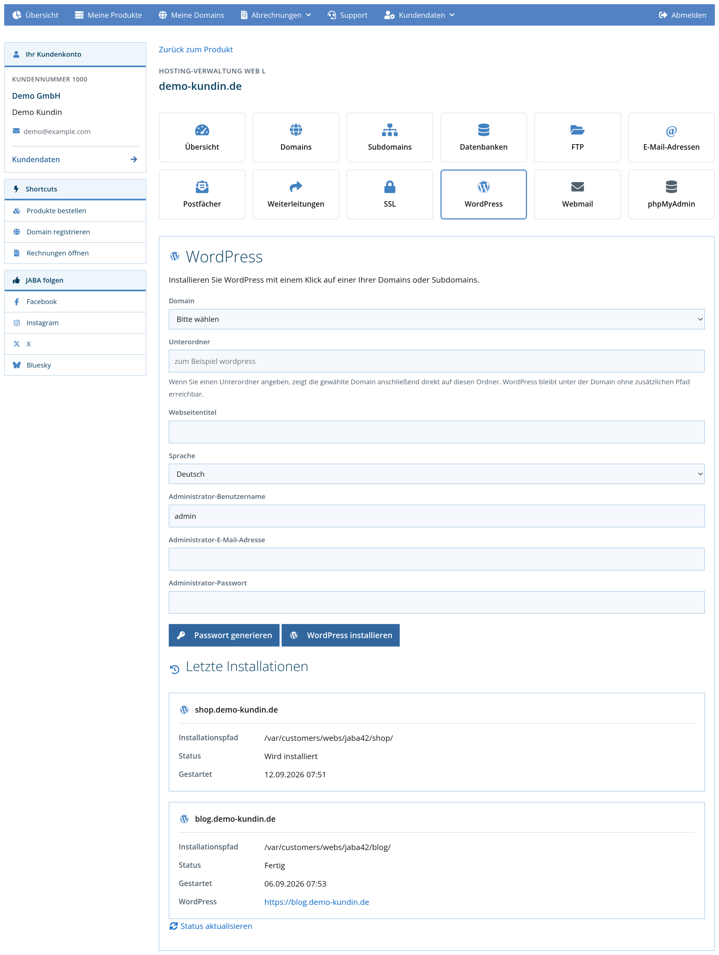 Kundenlogin: leeres Formular für die WordPress-Installation