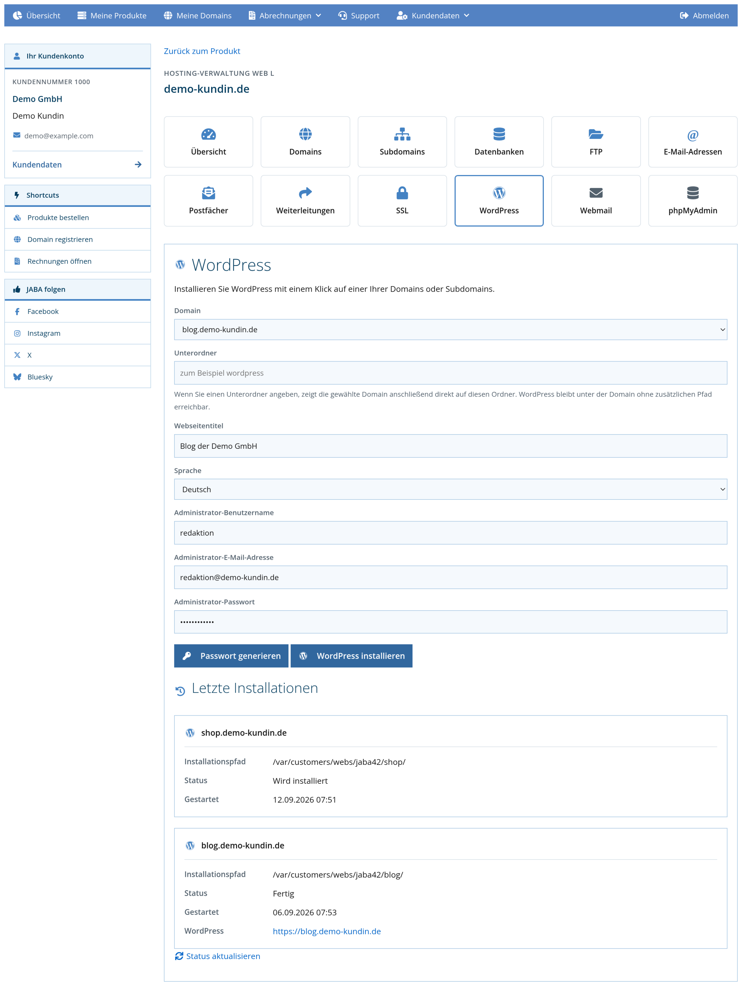 Kundenlogin: ausgefülltes Formular für die WordPress-Installation