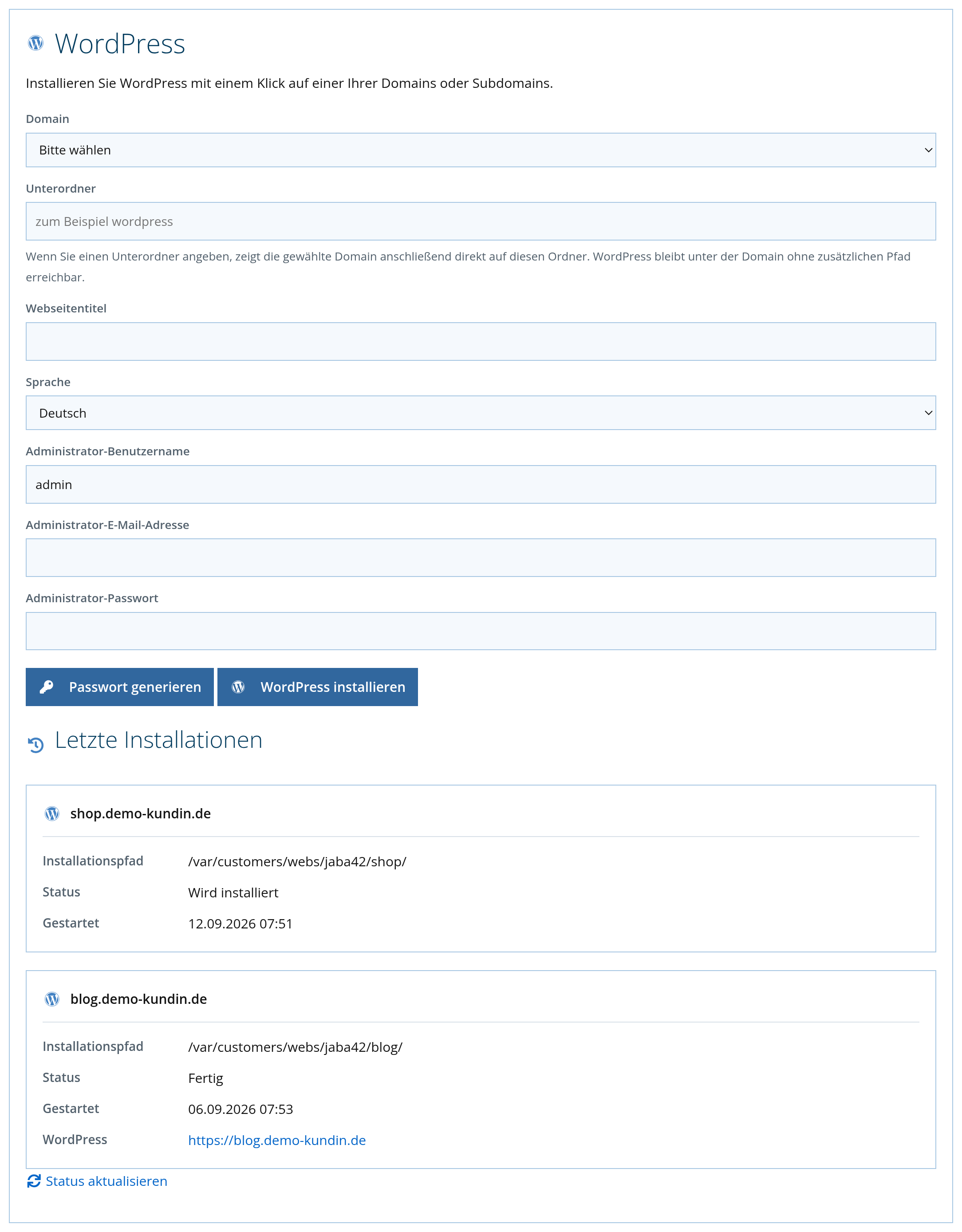 Kundenlogin: Liste der letzten WordPress-Installationen mit Statusanzeige