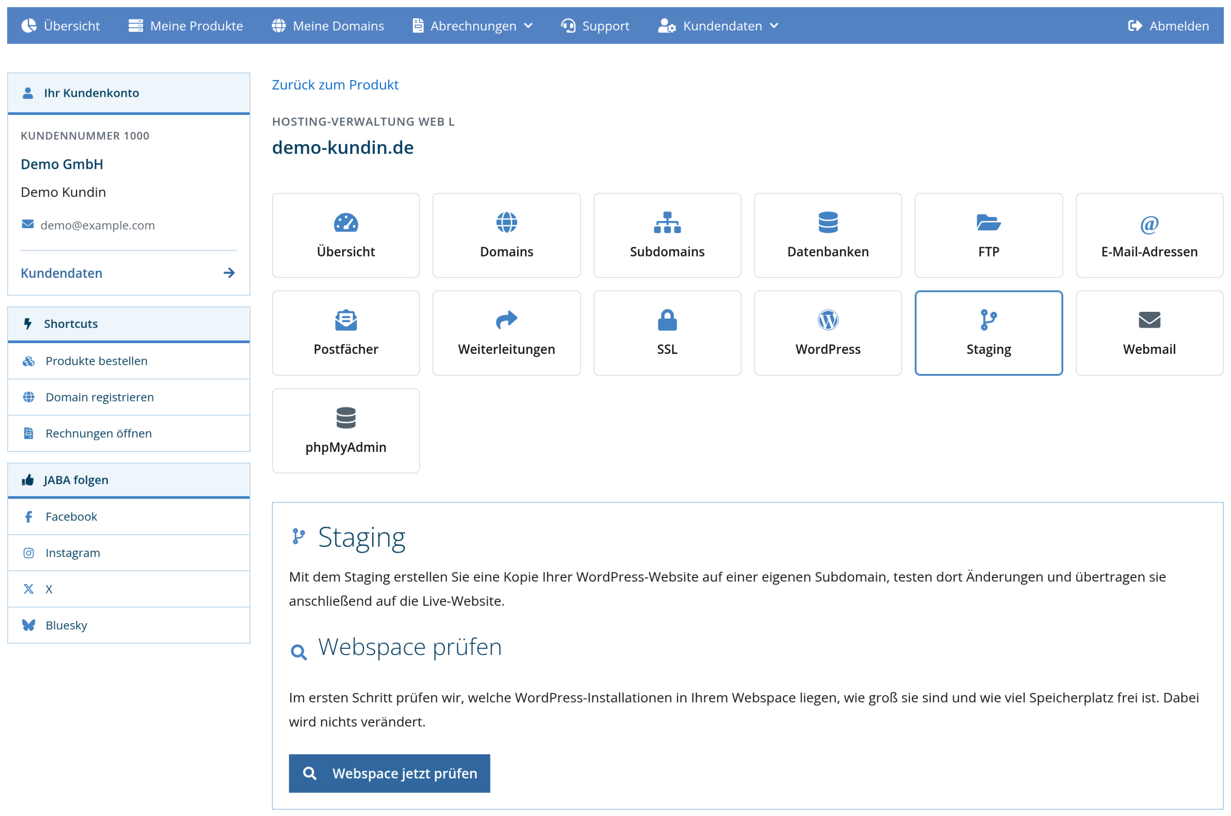 Kundenlogin: Staging-Bereich mit dem Knopf Webspace jetzt prüfen