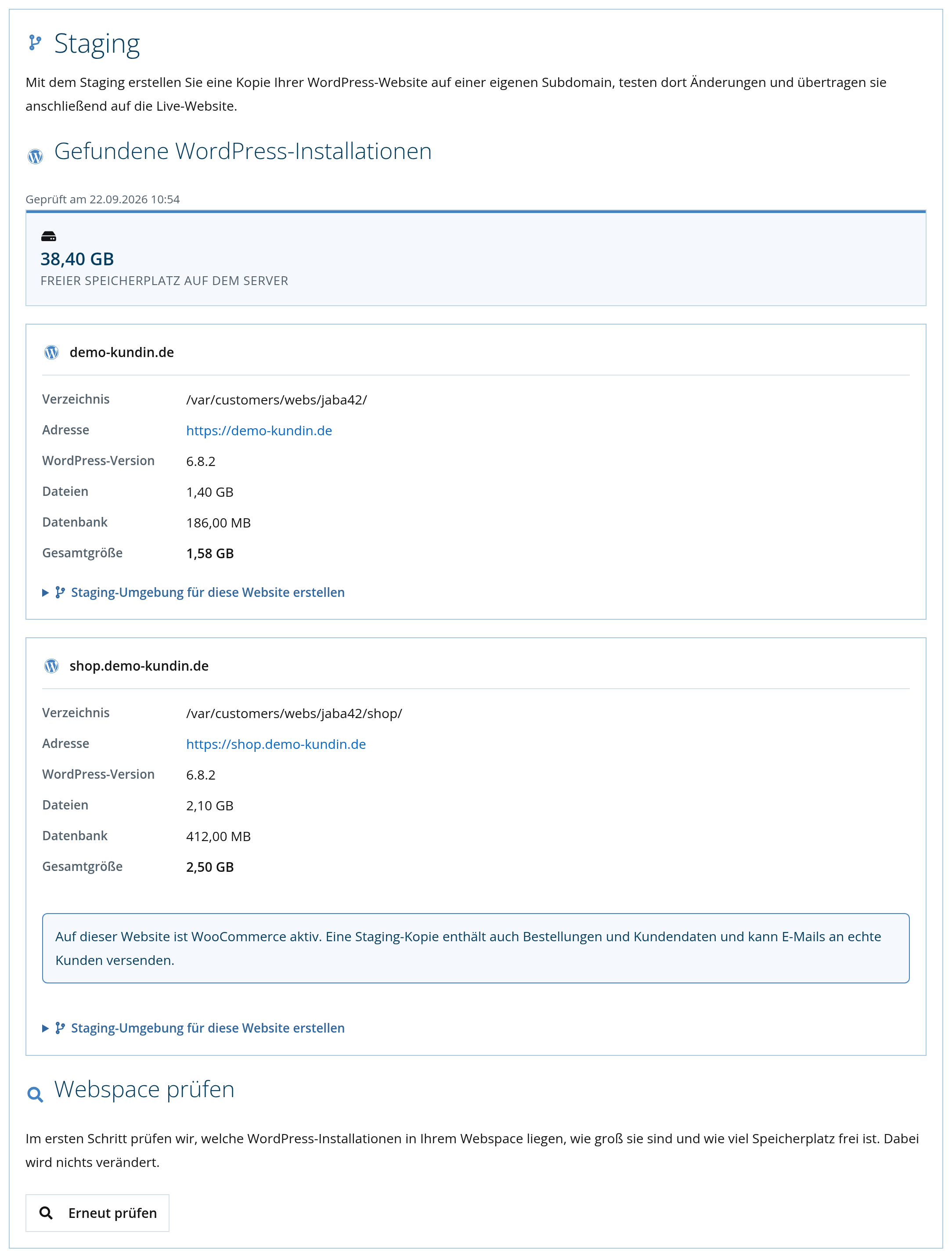 Kundenlogin: gefundene WordPress-Installationen mit Größe und Version
