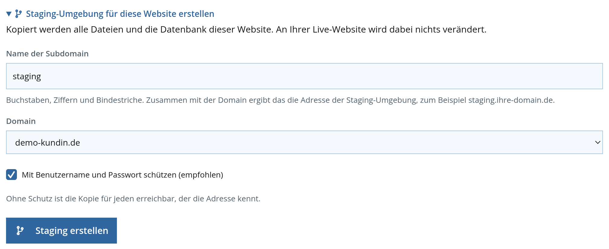 Kundenlogin: Formular zum Erstellen einer Staging-Umgebung
