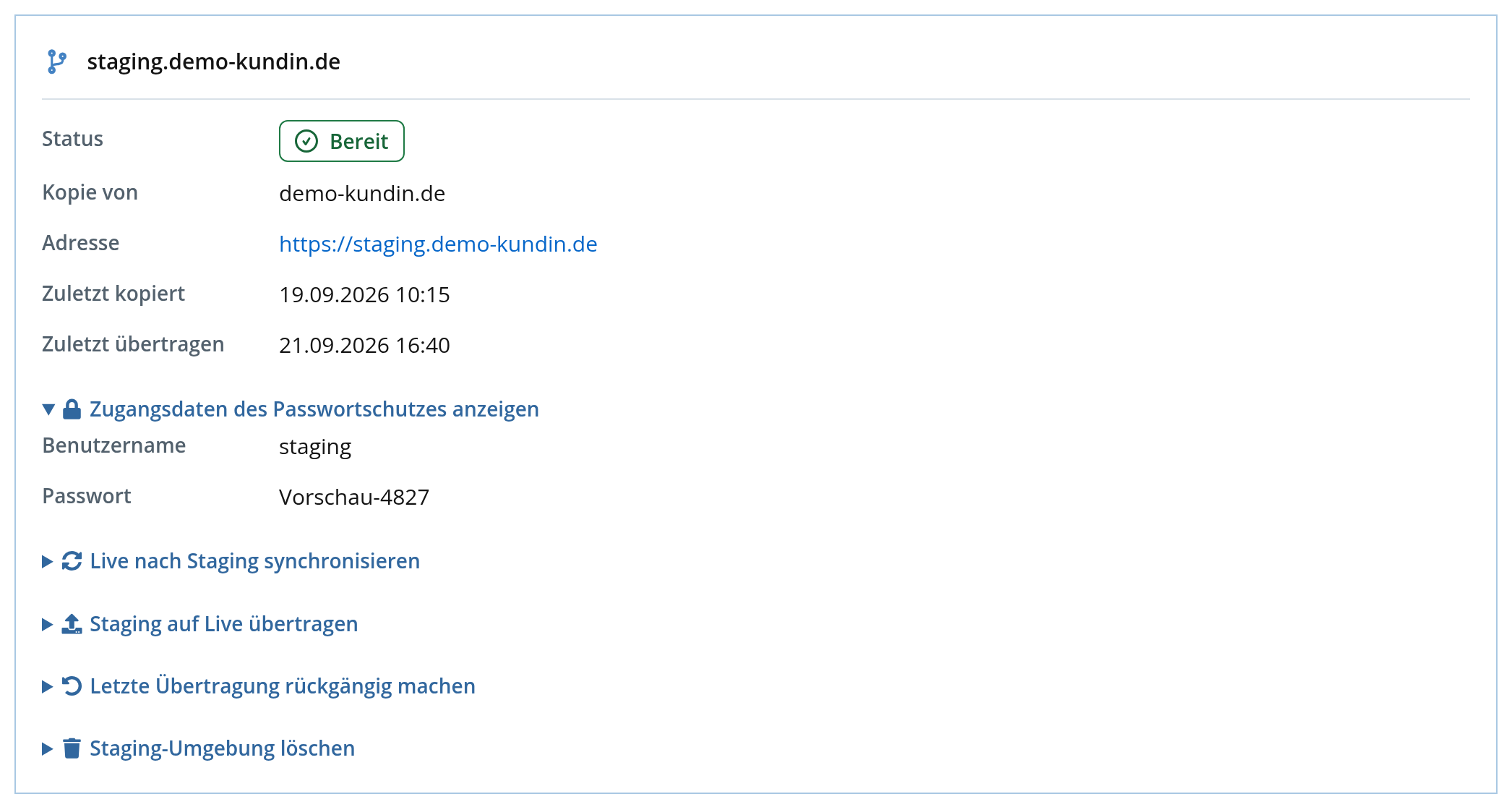 Kundenlogin: bereite Staging-Umgebung mit Adresse und Zugangsdaten