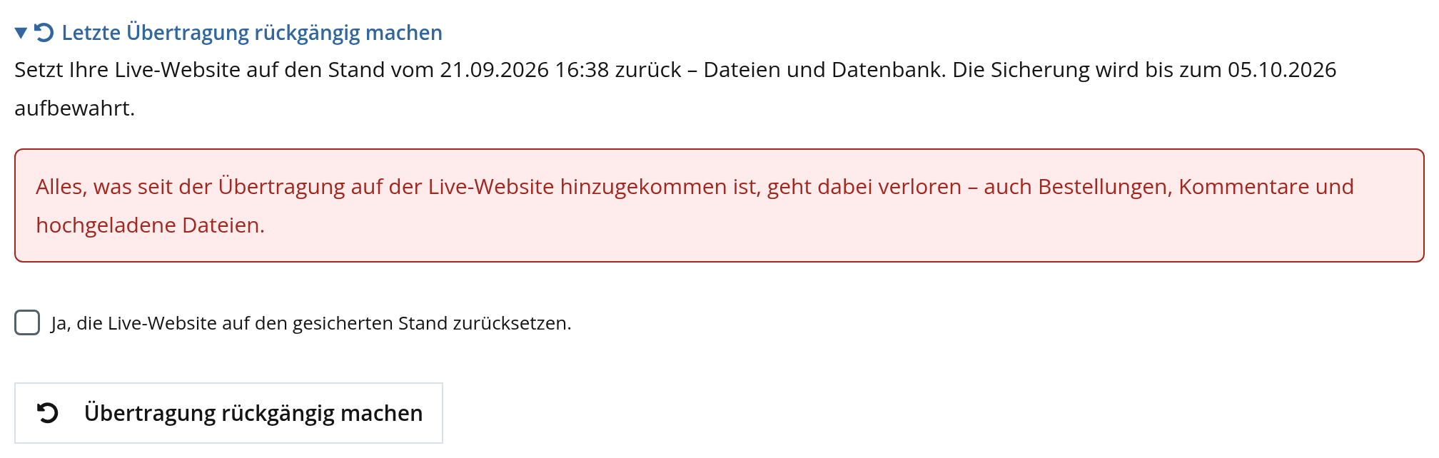 Kundenlogin: letzte Übertragung rückgängig machen