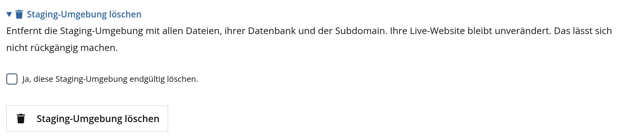 Kundenlogin: Staging-Umgebung löschen