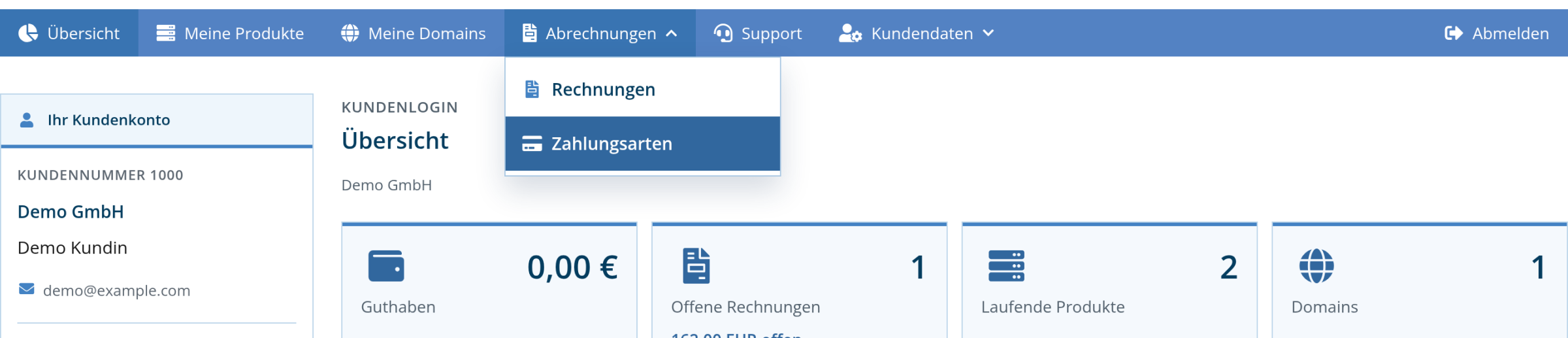 Kundenlogin: aufgeklapptes Menü Abrechnungen mit dem Eintrag Zahlungsarten