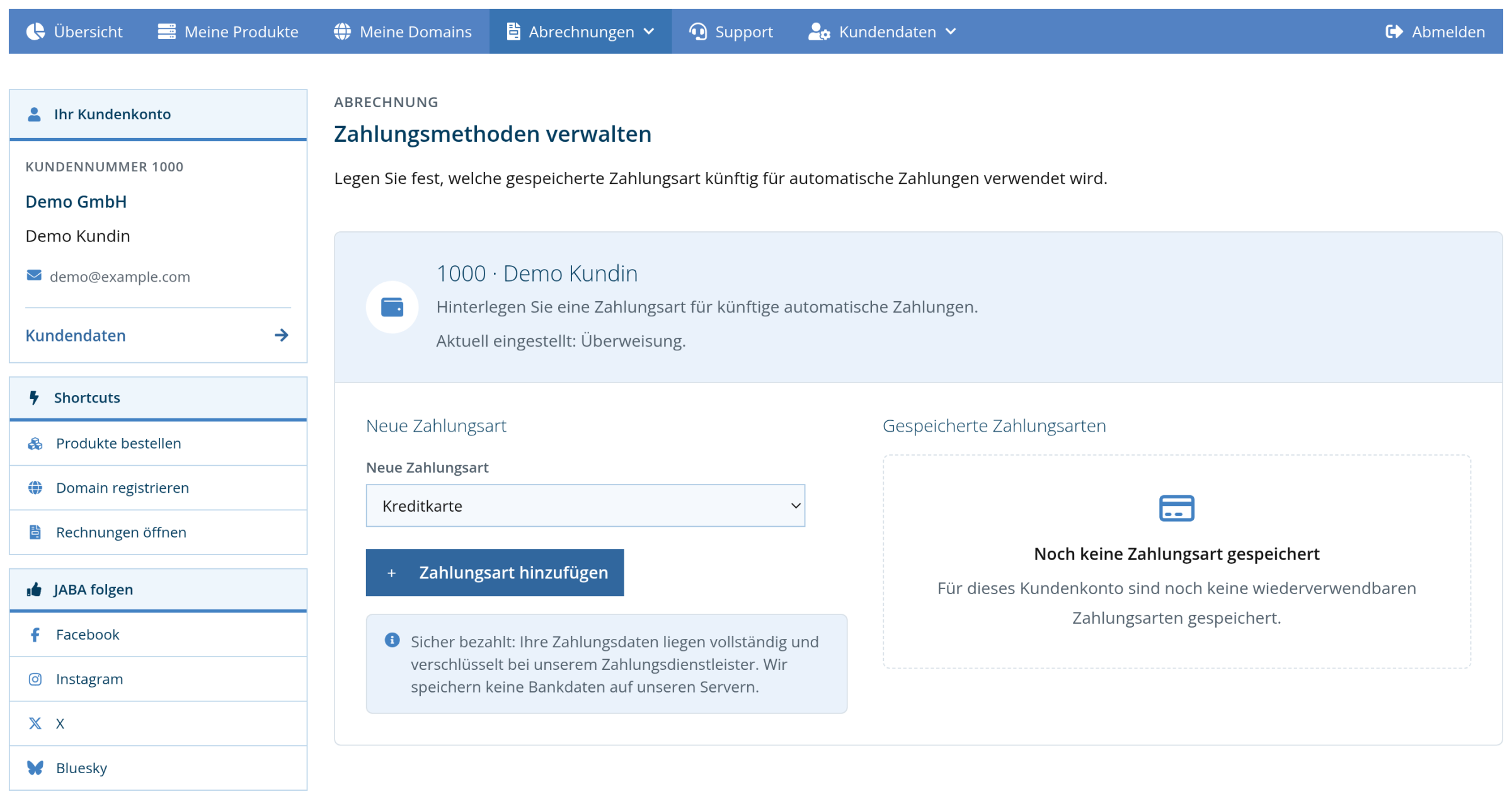 Kundenlogin: Seite Zahlungsmethoden verwalten mit aktuell eingestellter Zahlungsart